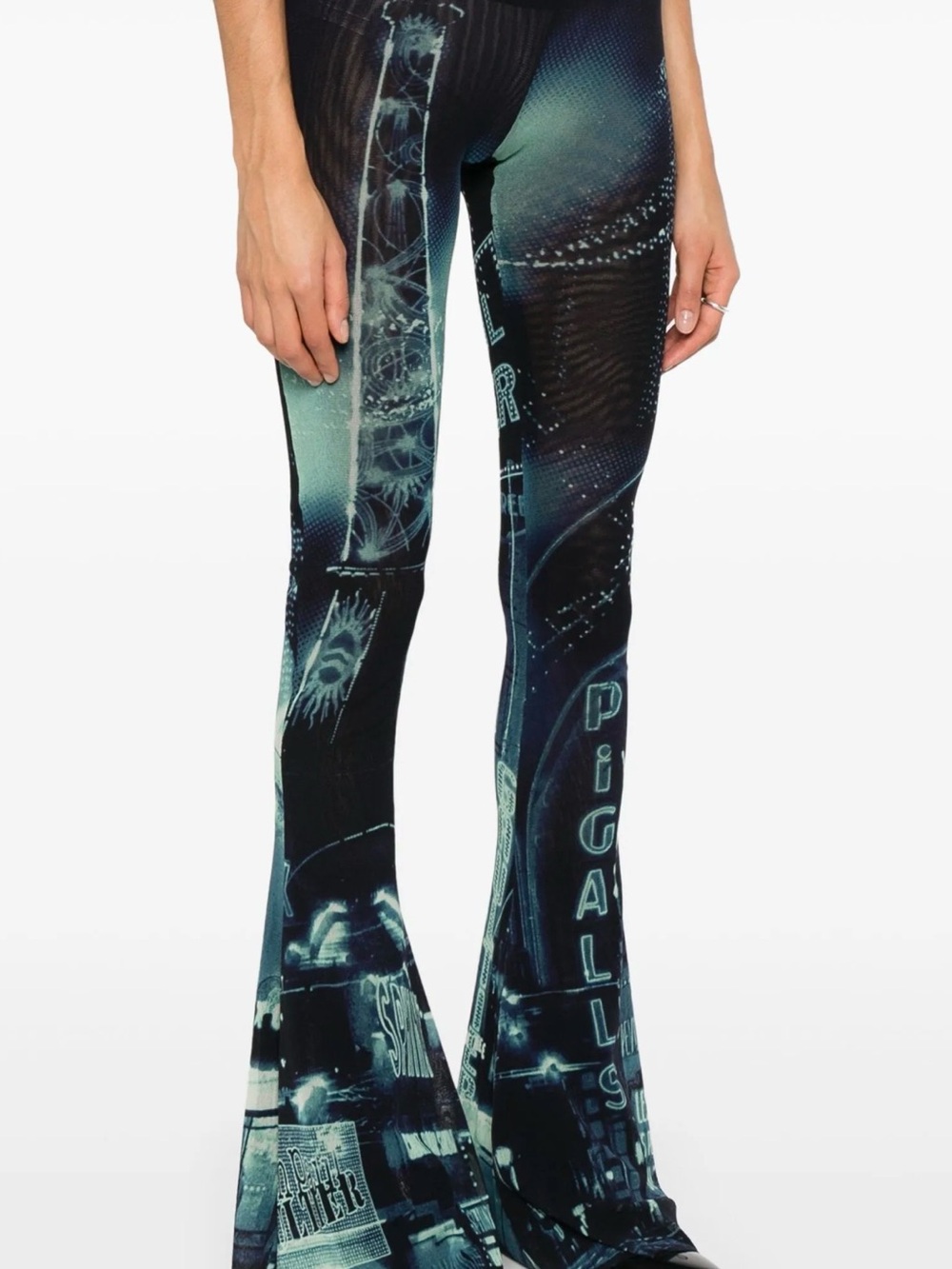 Jean Paul Gaultier Black & Teal Graphic Flared Leggings